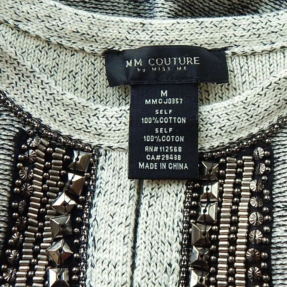 MM Couture Miss Me Black Ivory Mottled 3/4 Sleeve Beaded Cardigan Sweater M